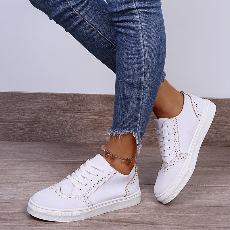 Lace-Up Suedette Flat Sneakers - -