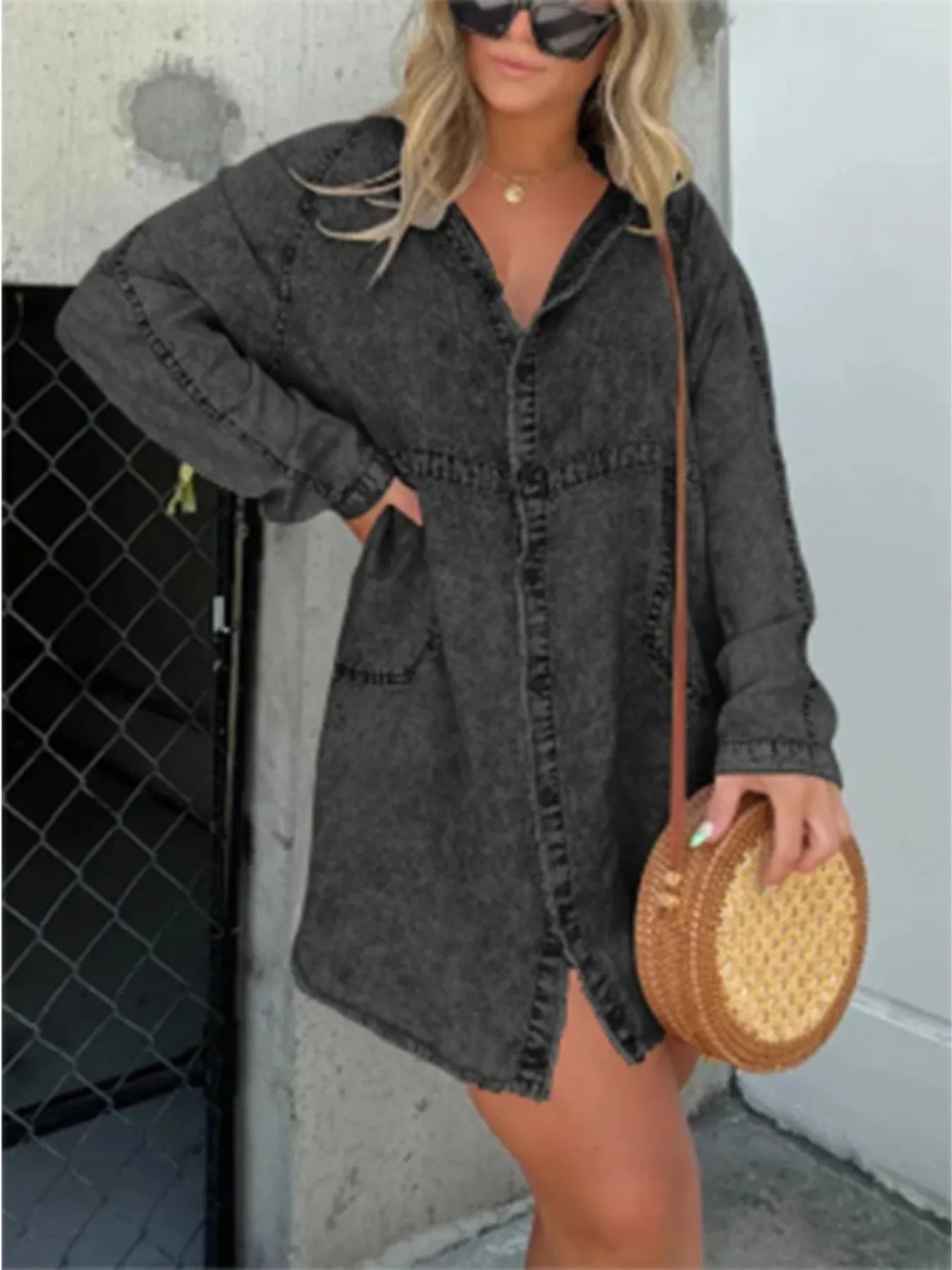 Full Size Button - Front Long Sleeve Denim Shirt Dress Plus Size – | Shannon’s Chique Boutique