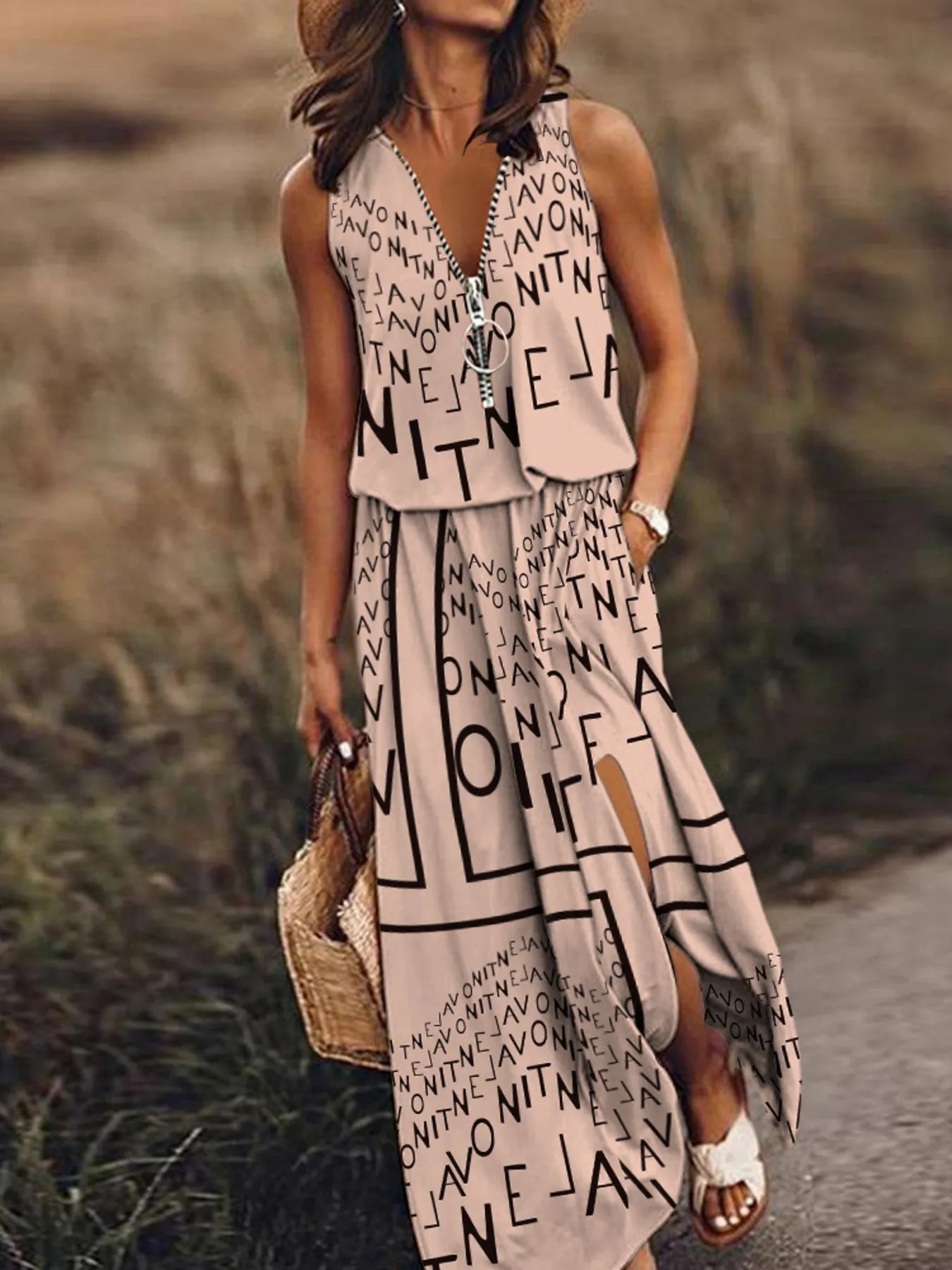 Full Size Half Zip Sleeveless Maxi Dress with Side Slit Plus Size - Print-khaki -