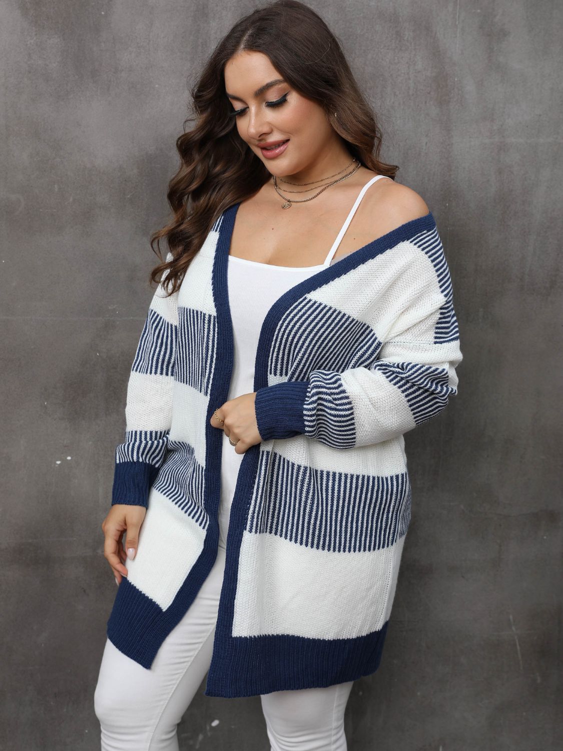 Plus Size Open Front Long Sleeve Cardigan - -