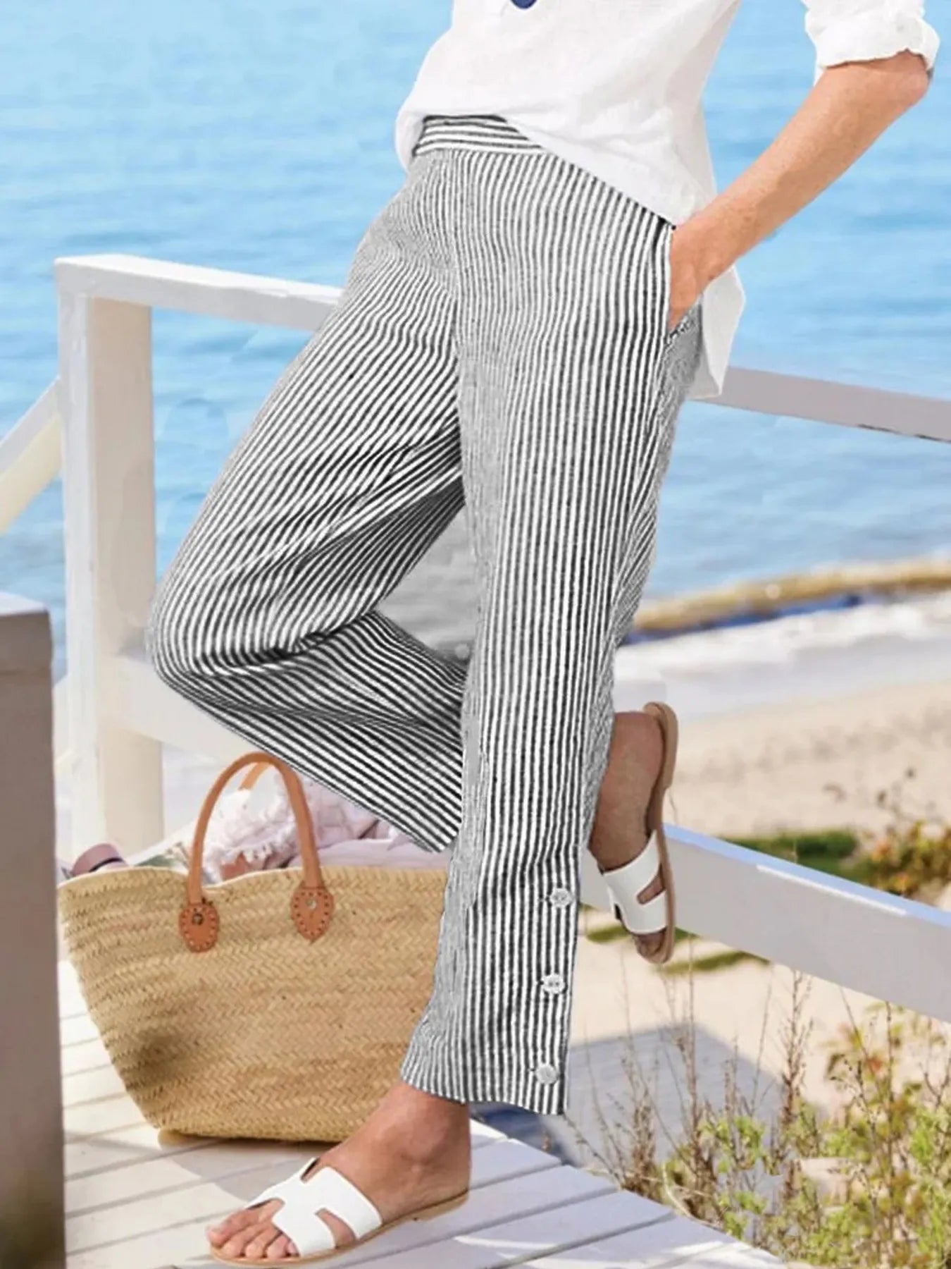 Full Size Striped Side Button Detail Pants Plus Size - Black -