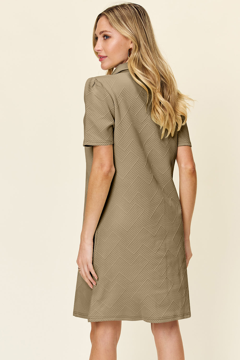 Double Take Full Size Texture Collared Neck Short Sleeve Dress - -