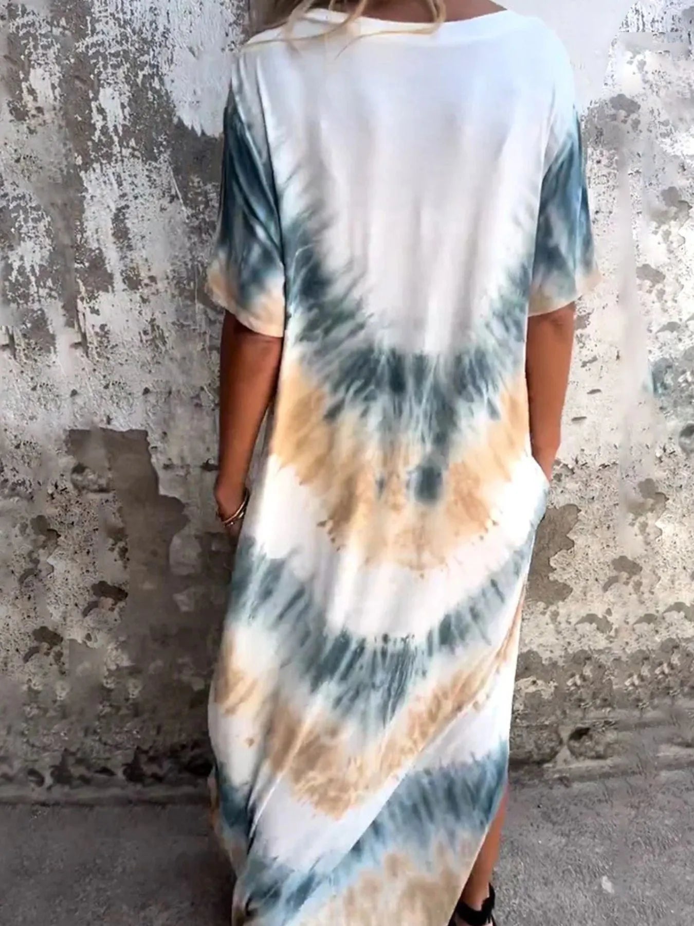 Full Size Tie-Dye V-Neck Midi Dress with Pockets Plus Size - -