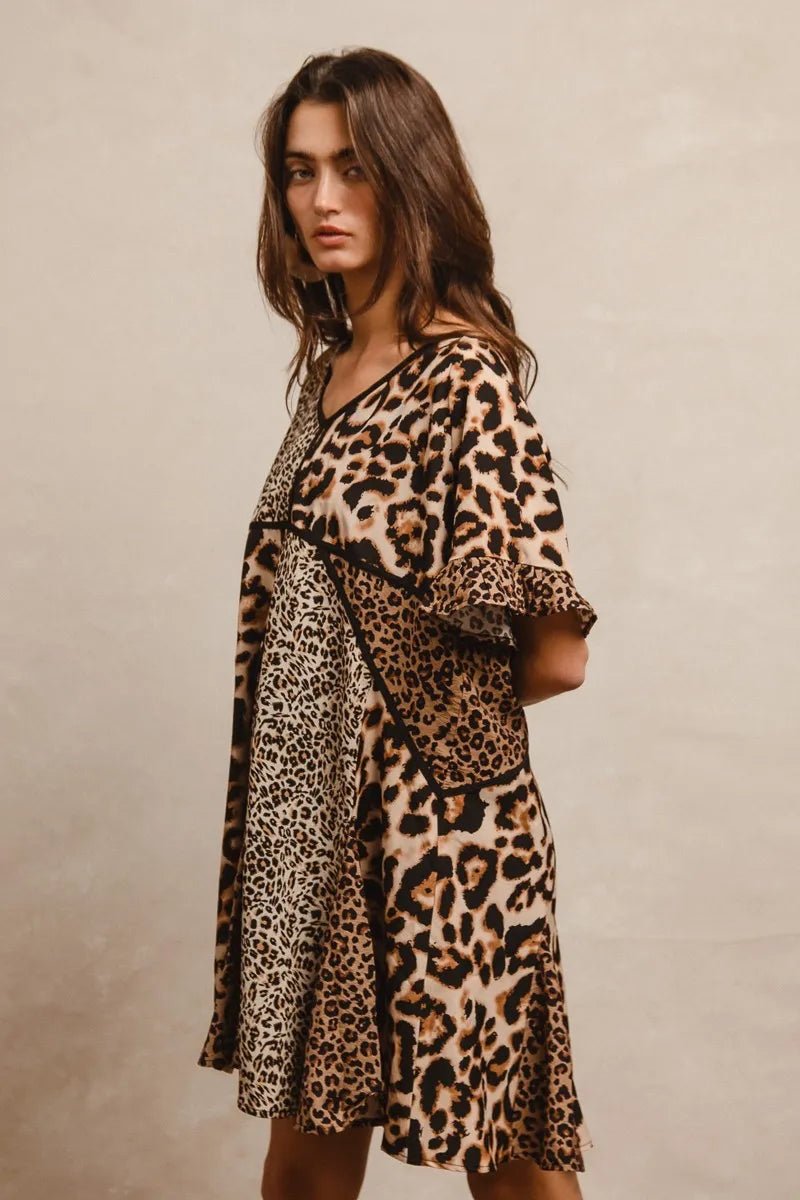 BiBi Leopard Prints Mix and Match Short Sleeves Dress - -