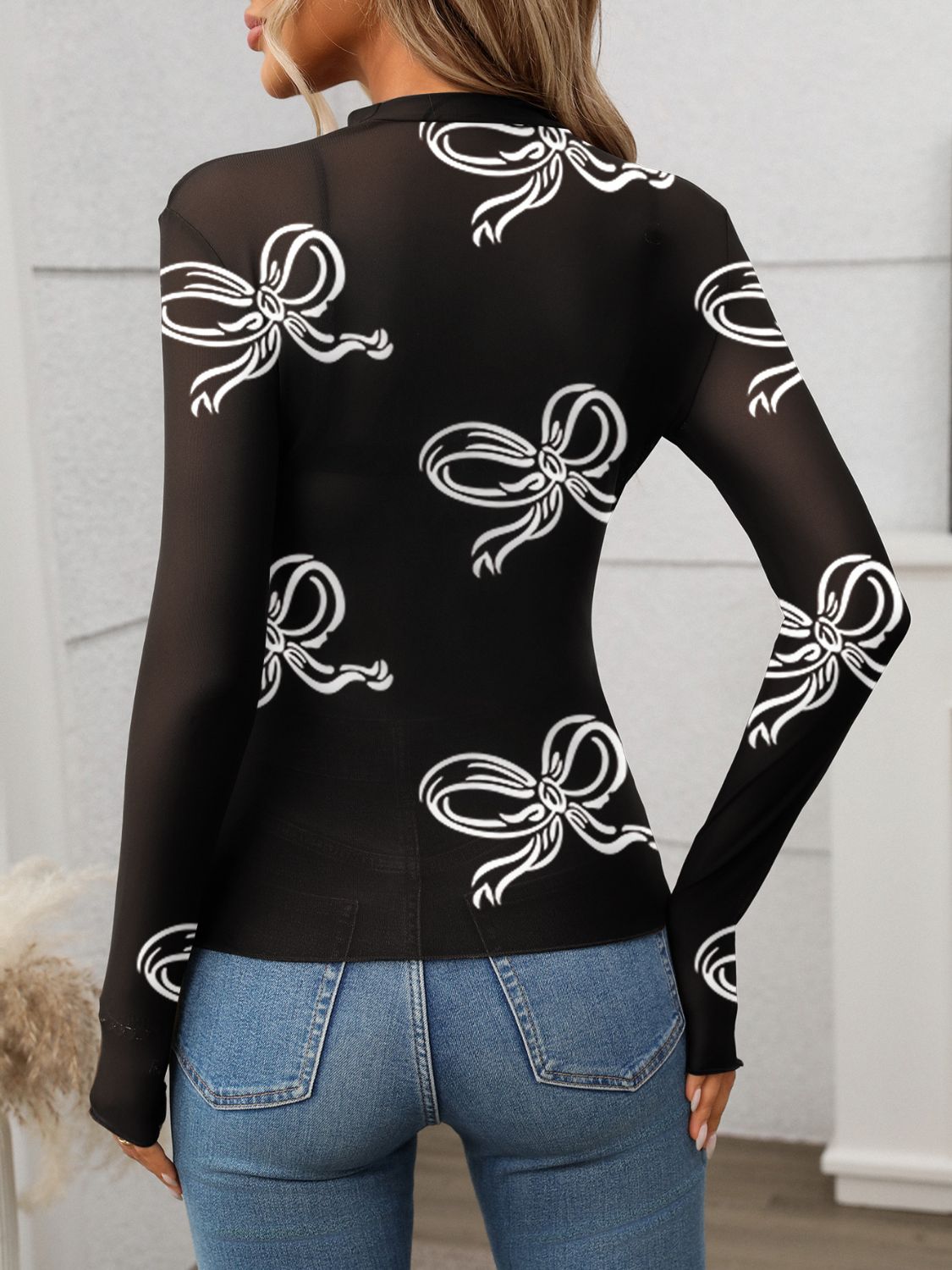 Printed Mock Neck Long Sleeve Mesh T-Shirt - -