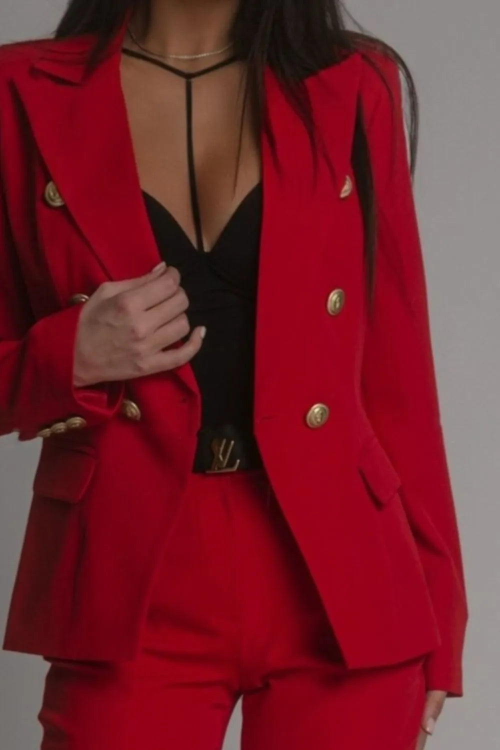 Full Size Lapel Collar Long Sleeve Blazer and Pants Set Plus Size - -