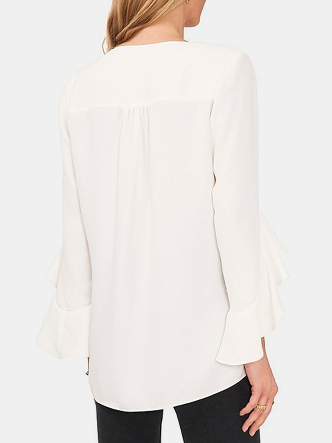 V-Neck Flounce Sleeve Blouse - -