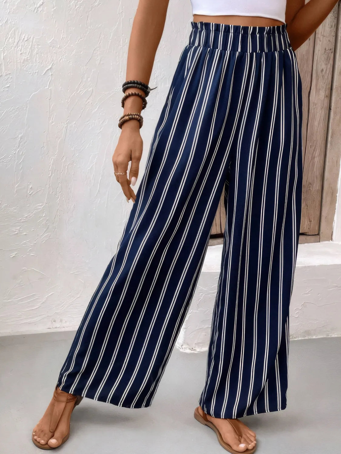 Striped Wide Leg Pants - -