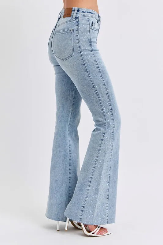 Judy Blue Full Size Mid Rise Rhinestone Side Panel Detail Flare Jeans Plus Size.