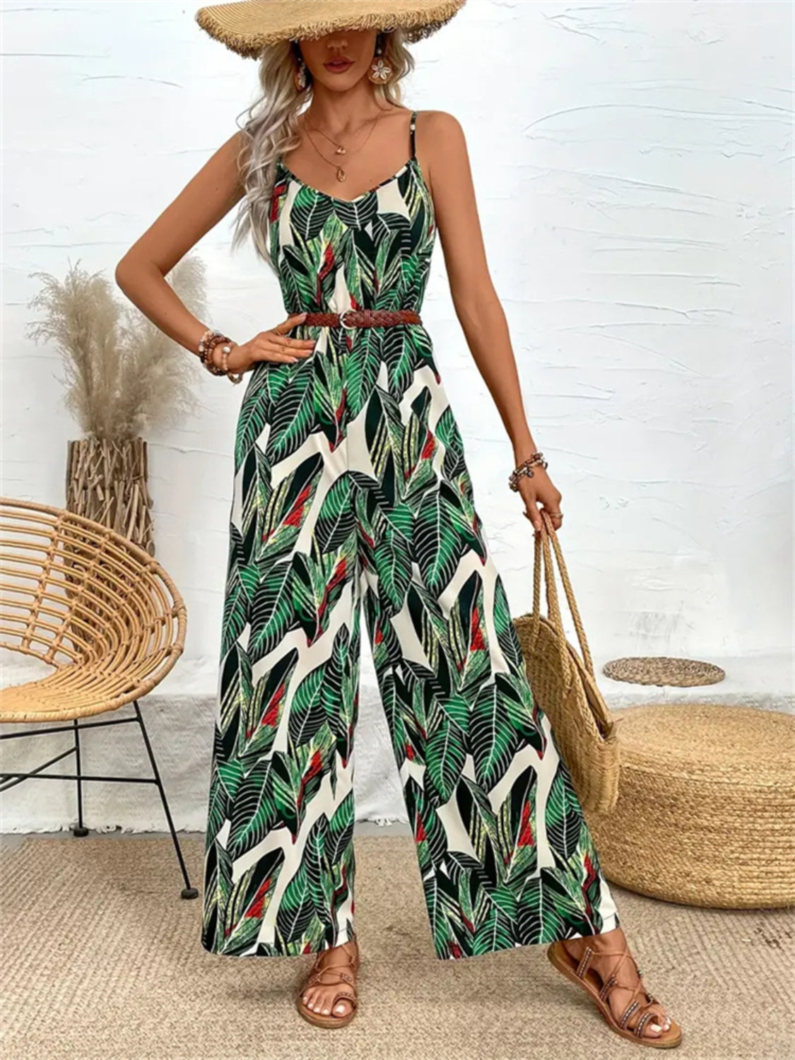 Tropical Print Spaghetti Strap Wide Leg Jumpsuit - -