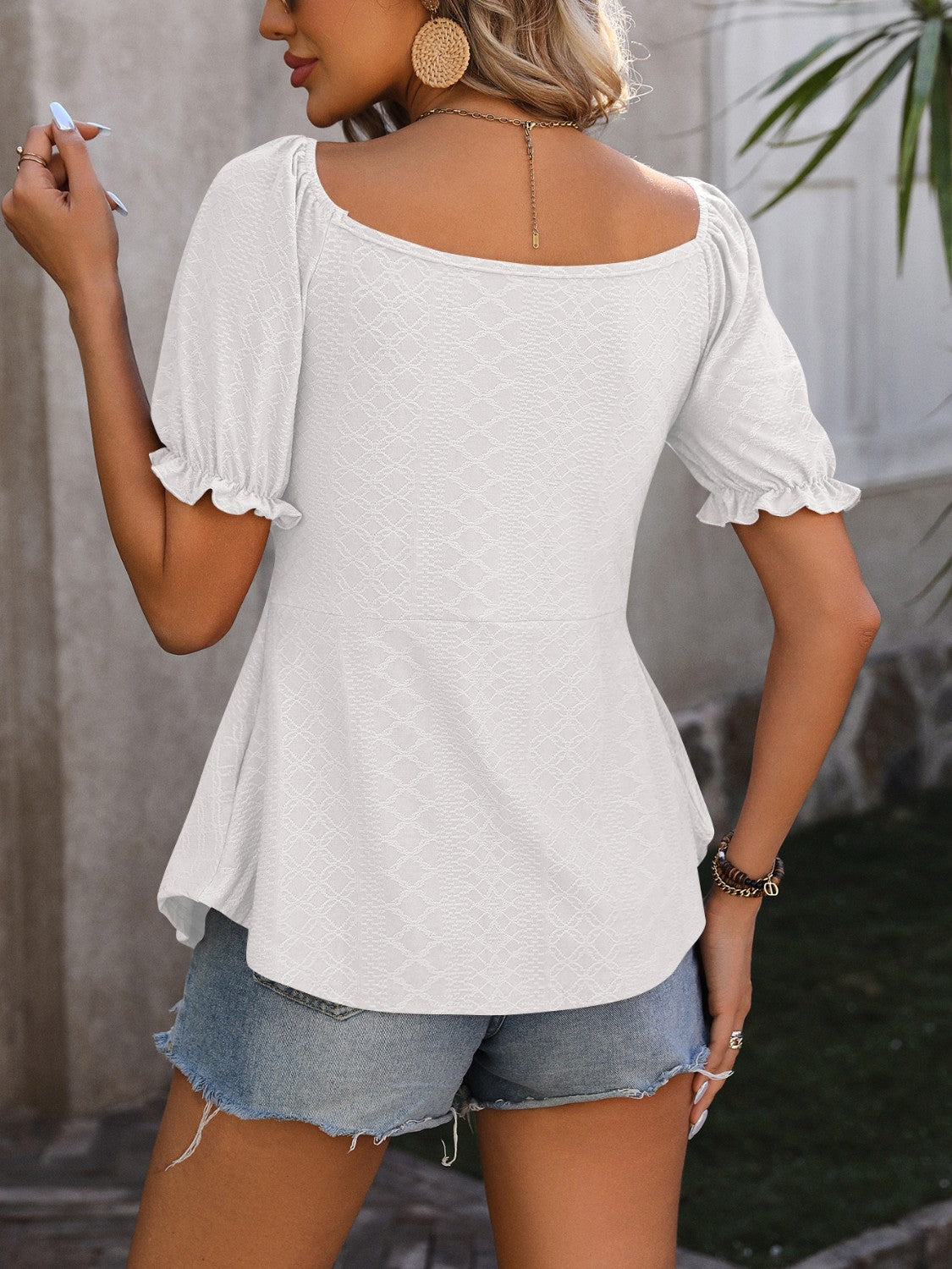Ruched V-Neck Flounce Sleeve Blouse - -