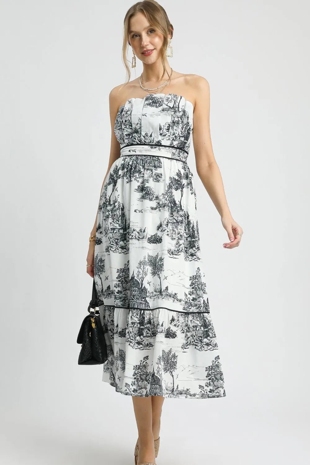 Umgee Printed Tiered Tube Midi Dress - Black -
