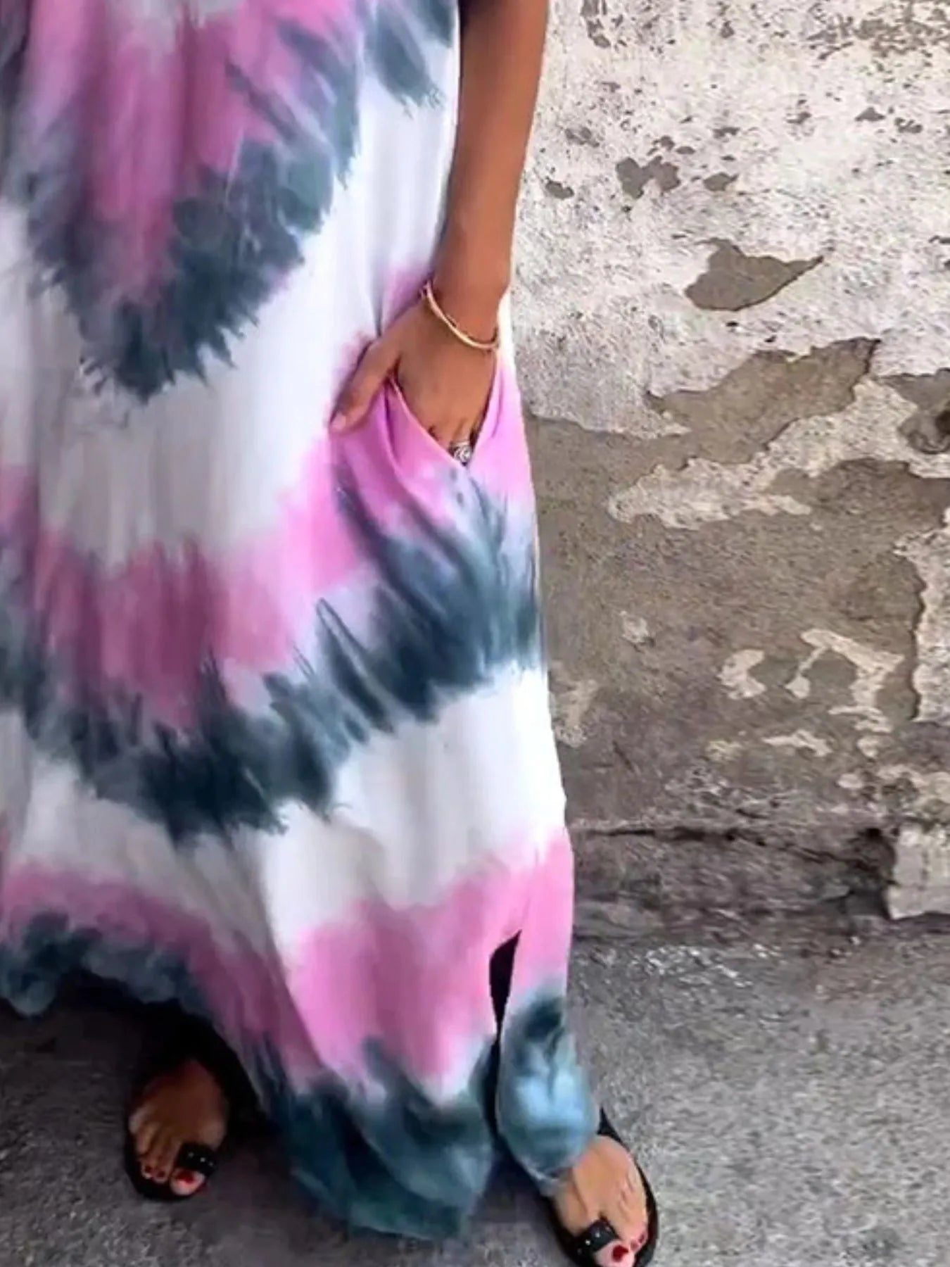 Full Size Tie-Dye V-Neck Midi Dress with Pockets Plus Size - -