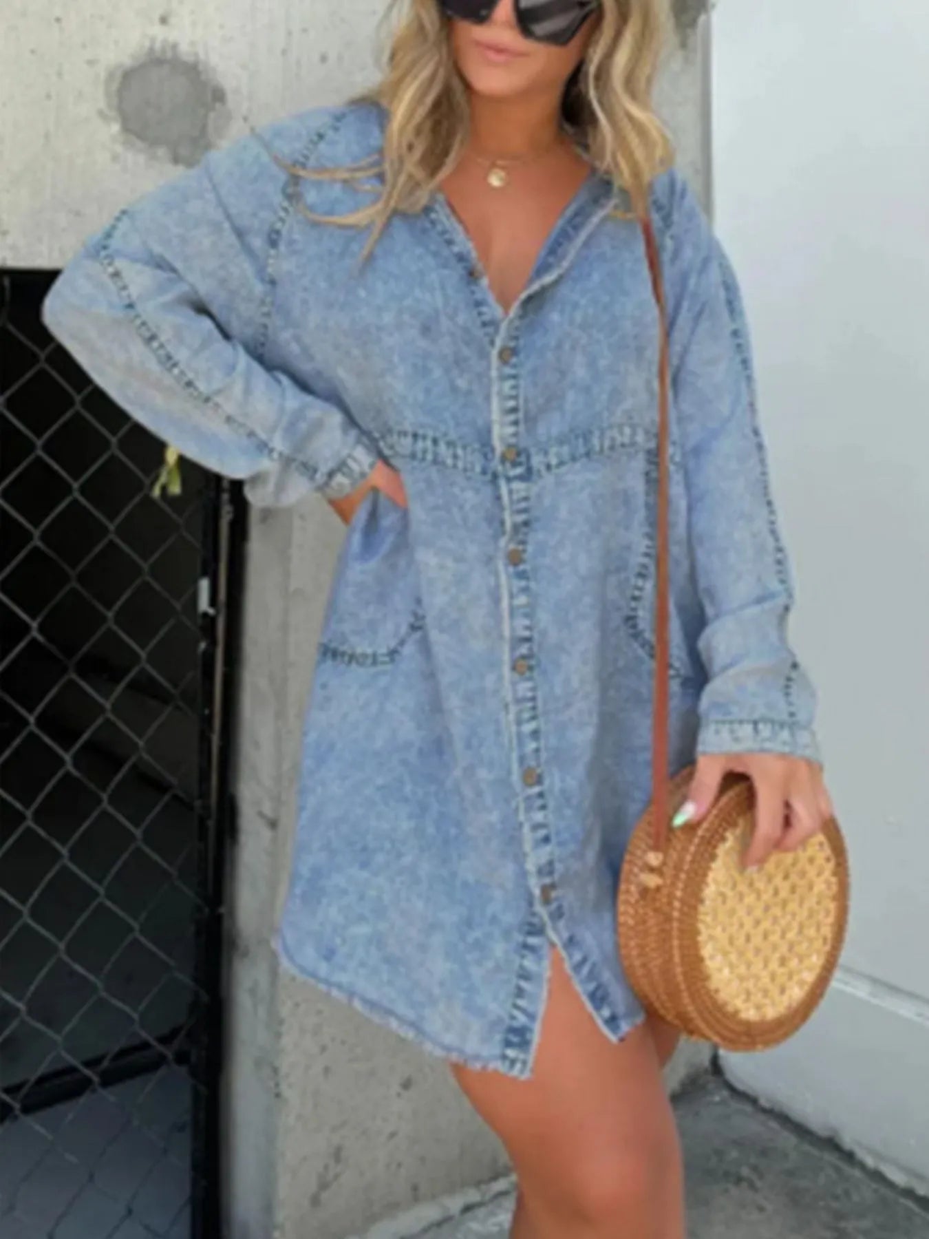 Full Size Button-Front Long Sleeve Denim Shirt Dress Plus Size - Blue -
