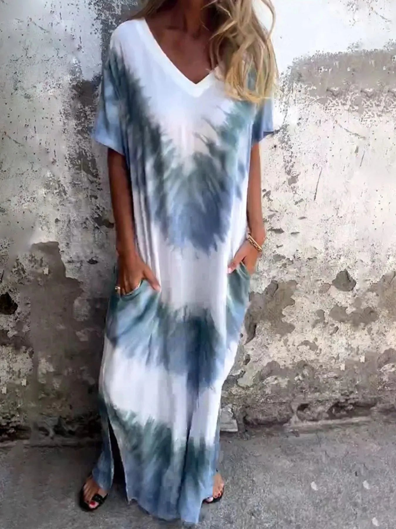Full Size Tie-Dye V-Neck Midi Dress with Pockets Plus Size - Dusty Blue -