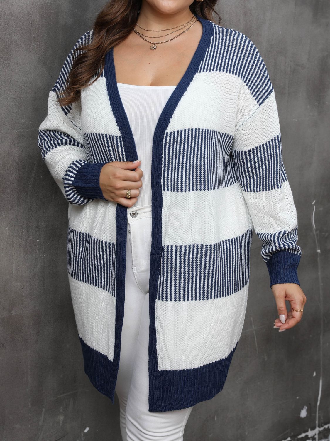 Plus Size Open Front Long Sleeve Cardigan - -