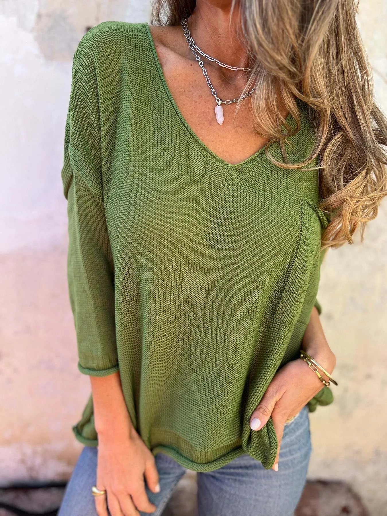 Full Size Casual V-Neck Knit Sweater Plus Size - -