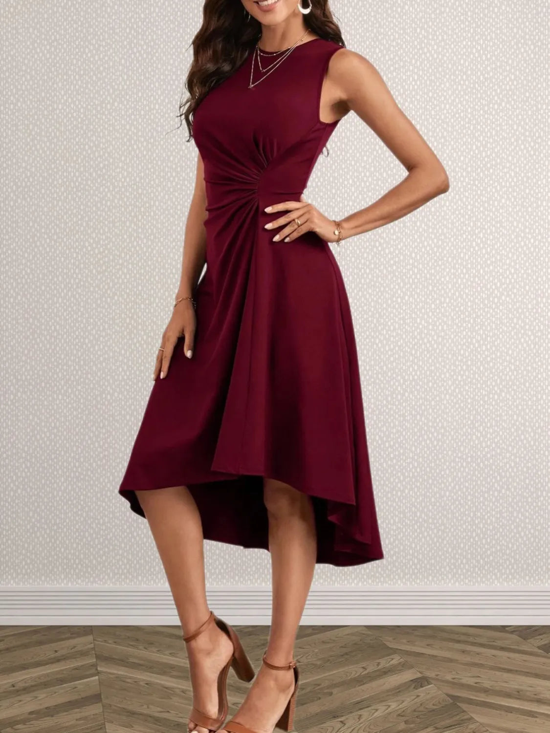 Ruched Round Neck Sleeveless Dress - -
