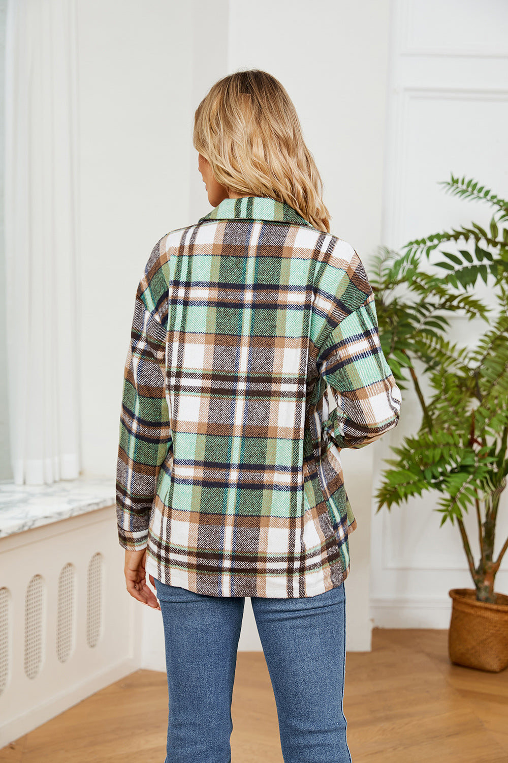 Button Down Collared Plaid Shacket - -
