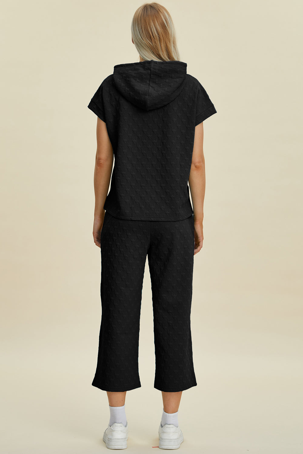 Double Take Full Size Texture Drawstring Short Sleeve Hoodie and Pocketed Pants Set - -