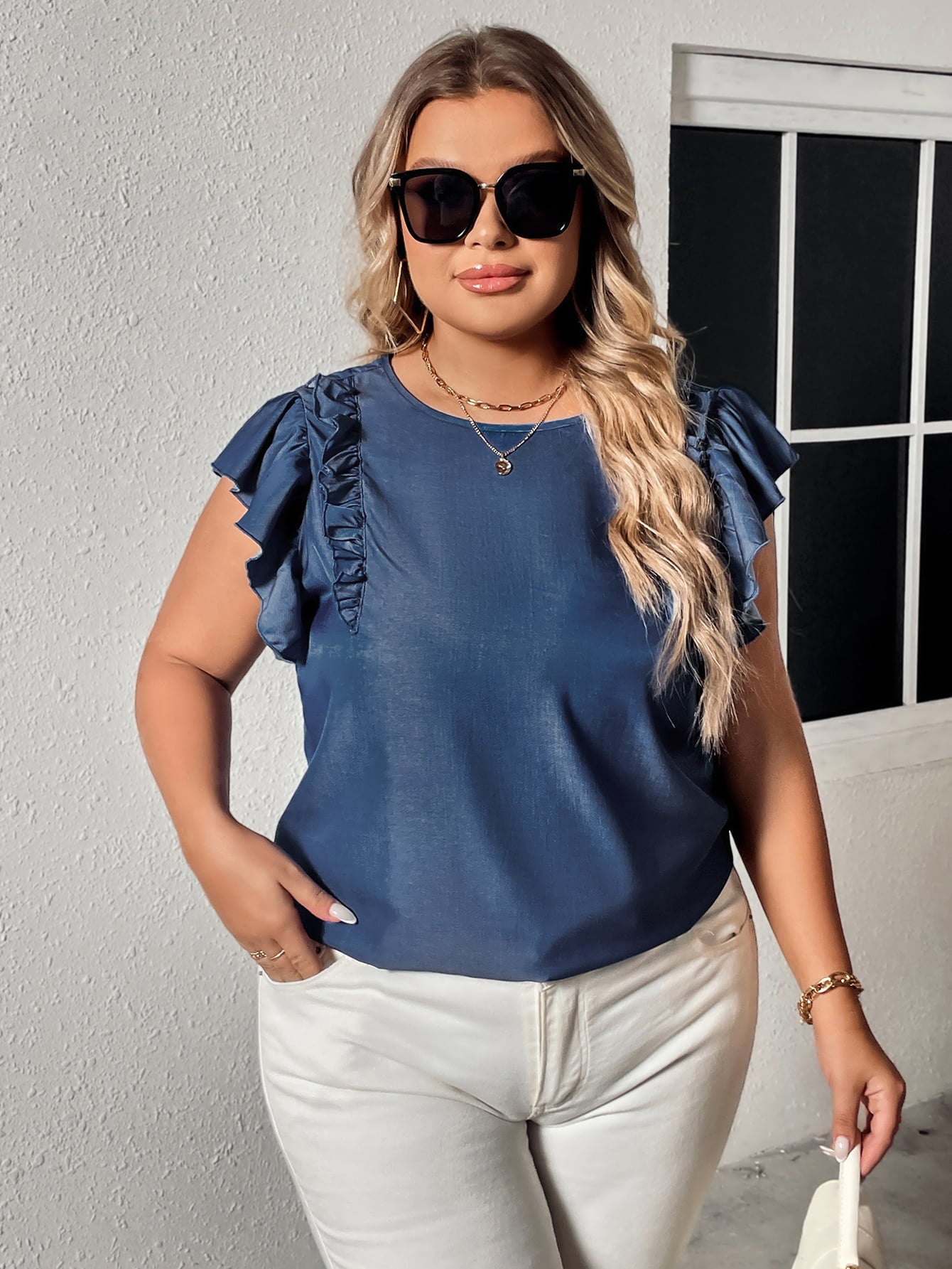 Honey Plus Size Round Neck Flounce Sleeve Frill Trim Blouse - -
