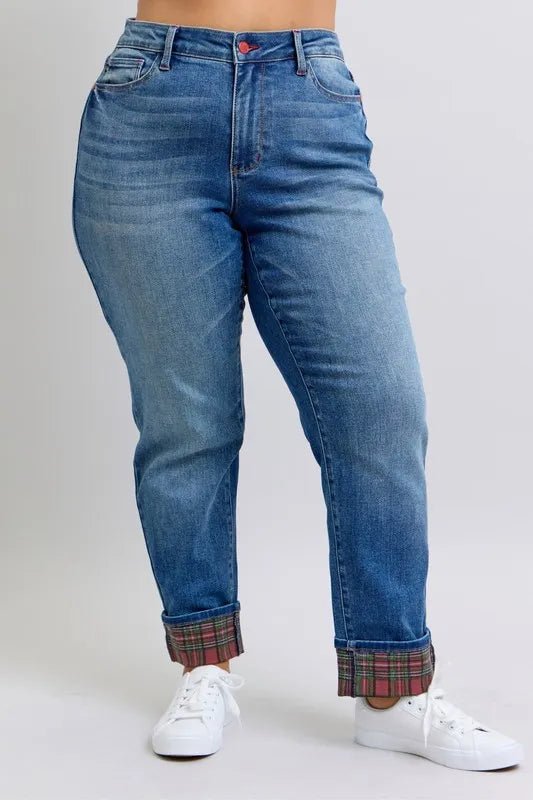 Judy Blue Full Size Mr Plaid Print Cuff Bf Jeans Plus Size – | Shannon’s Chique Boutique