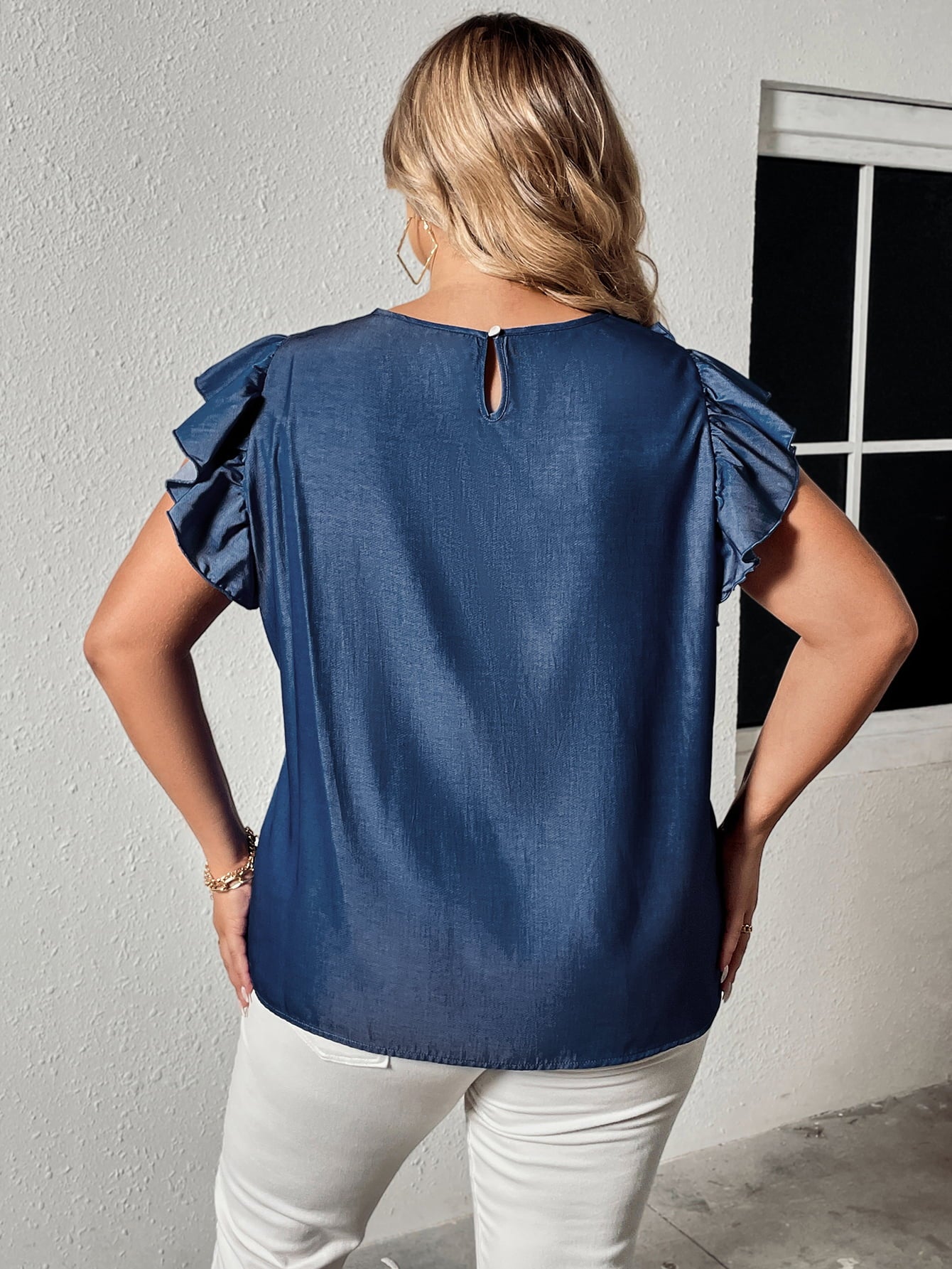Honey Plus Size Round Neck Flounce Sleeve Frill Trim Blouse - -