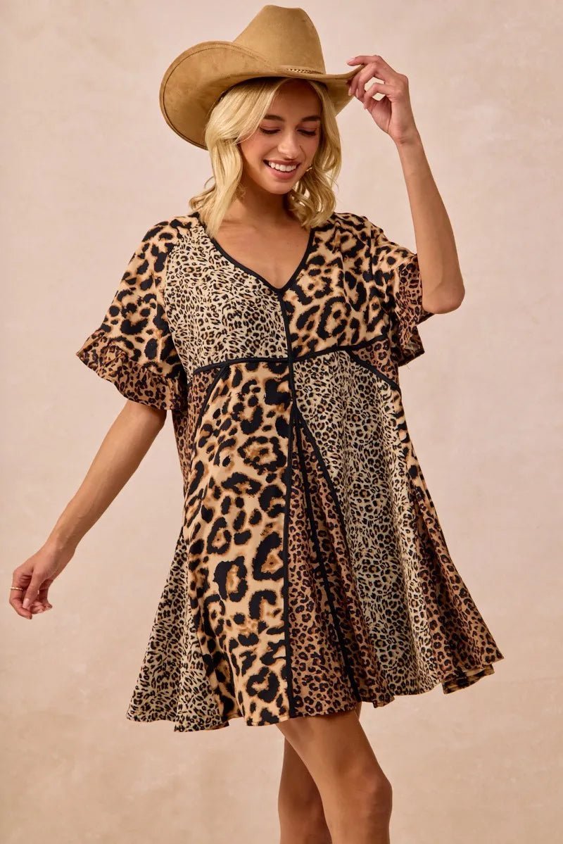 BiBi Leopard Prints Mix and Match Short Sleeves Dress - -