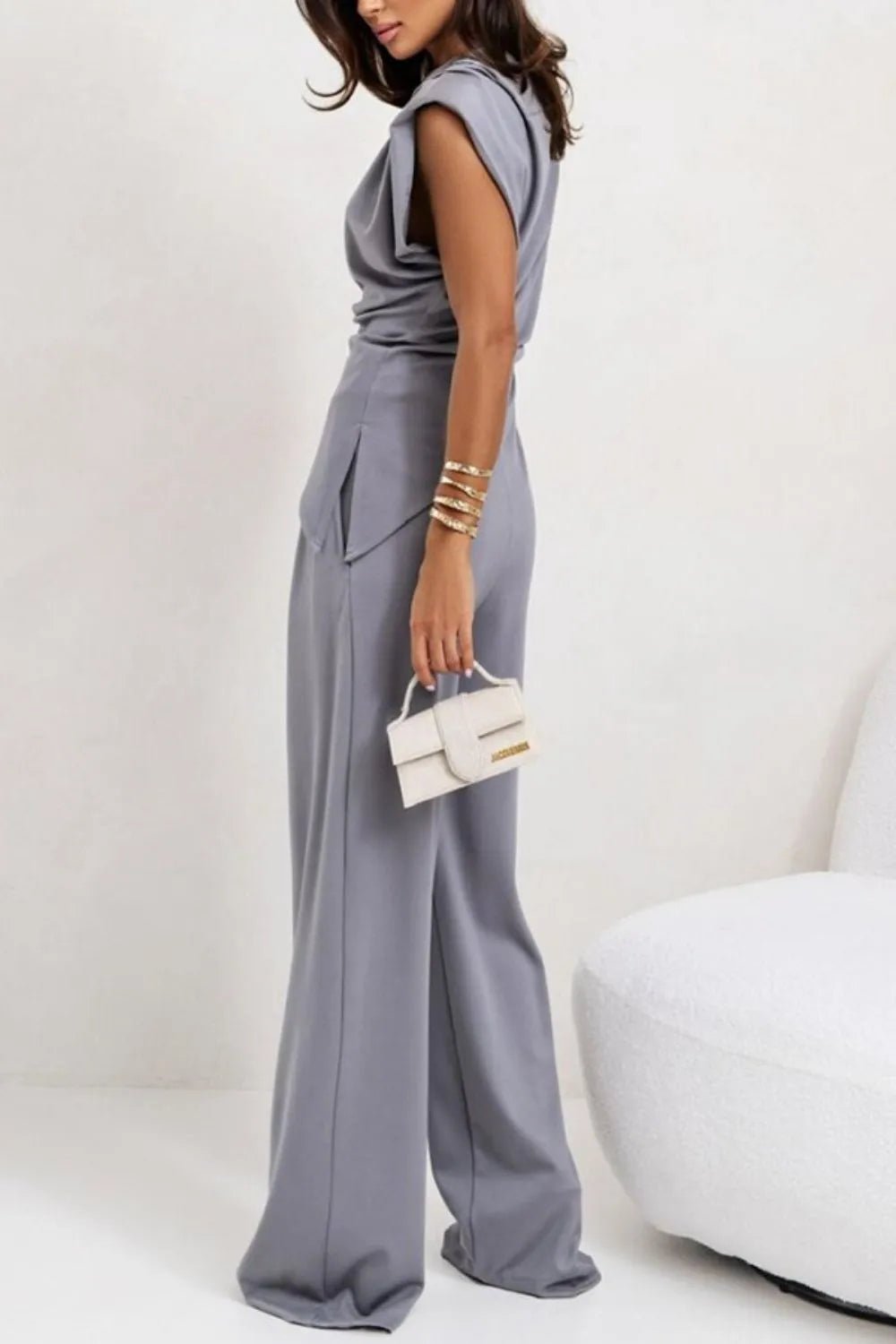 Luxe Asymmetrical Ruched Set - Elevated Wide-Leg Ensemble - -