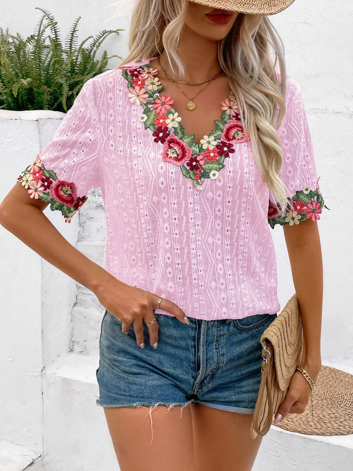 Ivy Lane Eyelet Embroidered V-Neck Short Sleeve Blouse - -