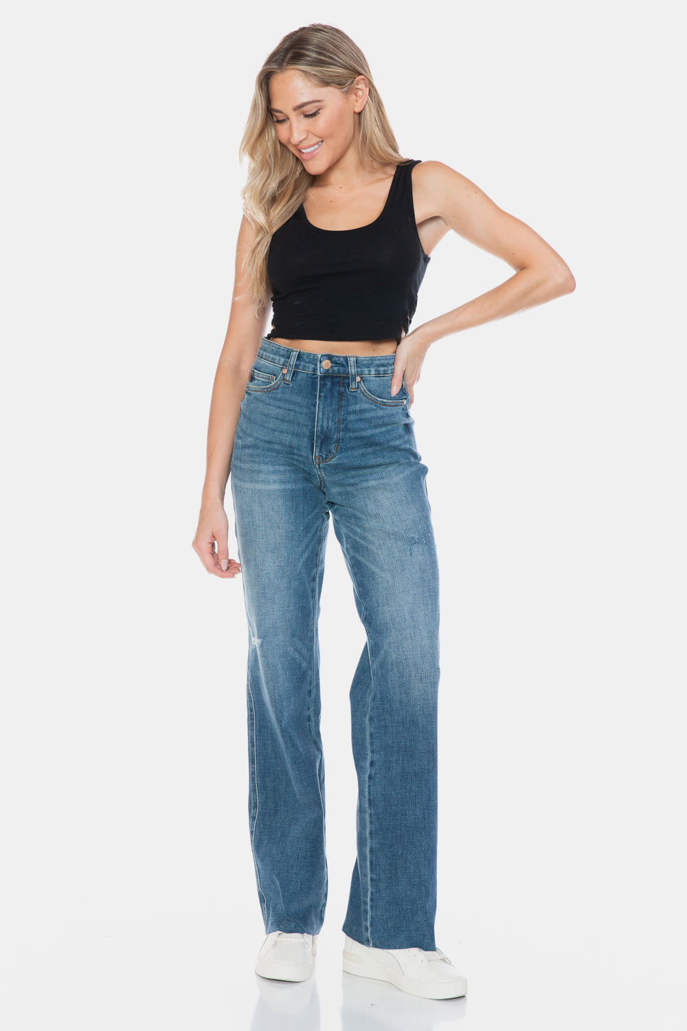 Judy Blue Full Size Tummy Control Cut Raw Hem Straight Jeans - -
