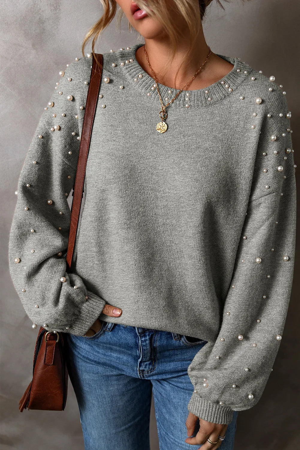 Pearl Detail Round Neck Long Sleeve Sweater - Gray M -
