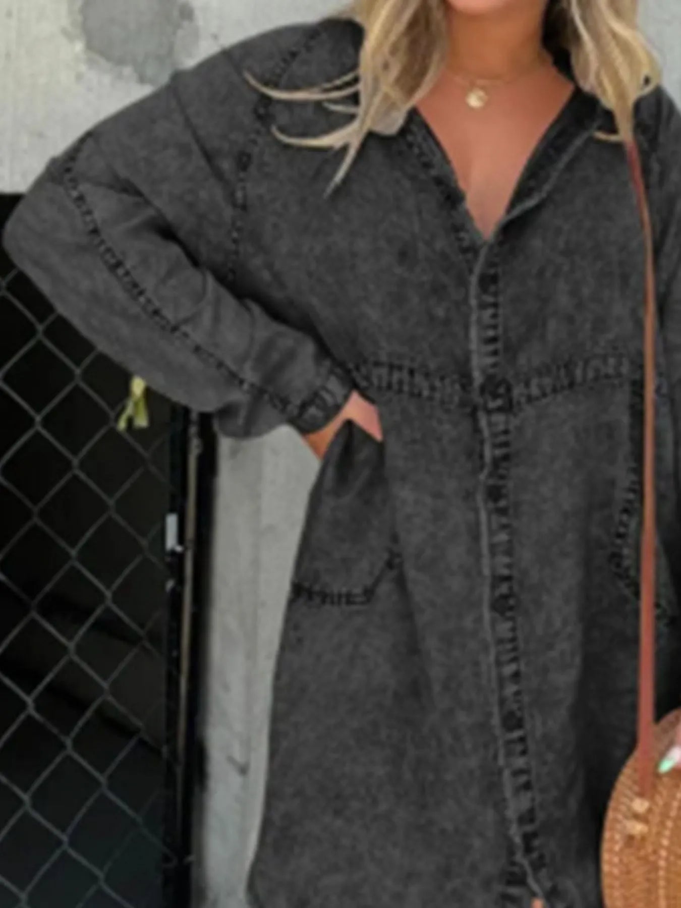 Full Size Button-Front Long Sleeve Denim Shirt Dress Plus Size - Washed Black -