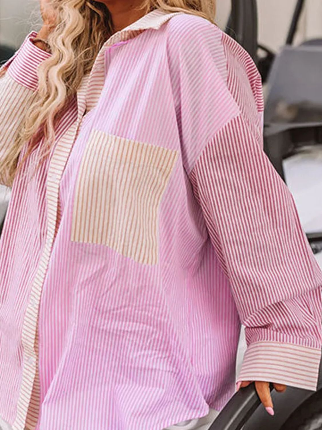 Plus Size Striped Collared Neck Long Sleeve Shirt - -