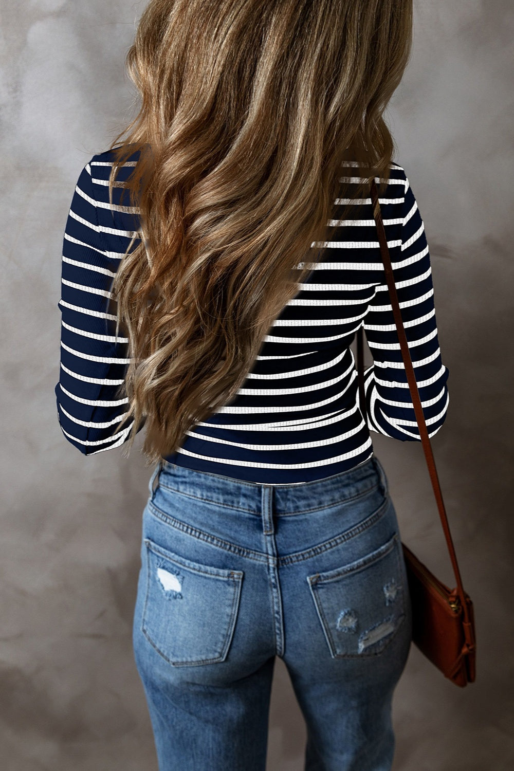Striped V-Neck Long Sleeve Top - -