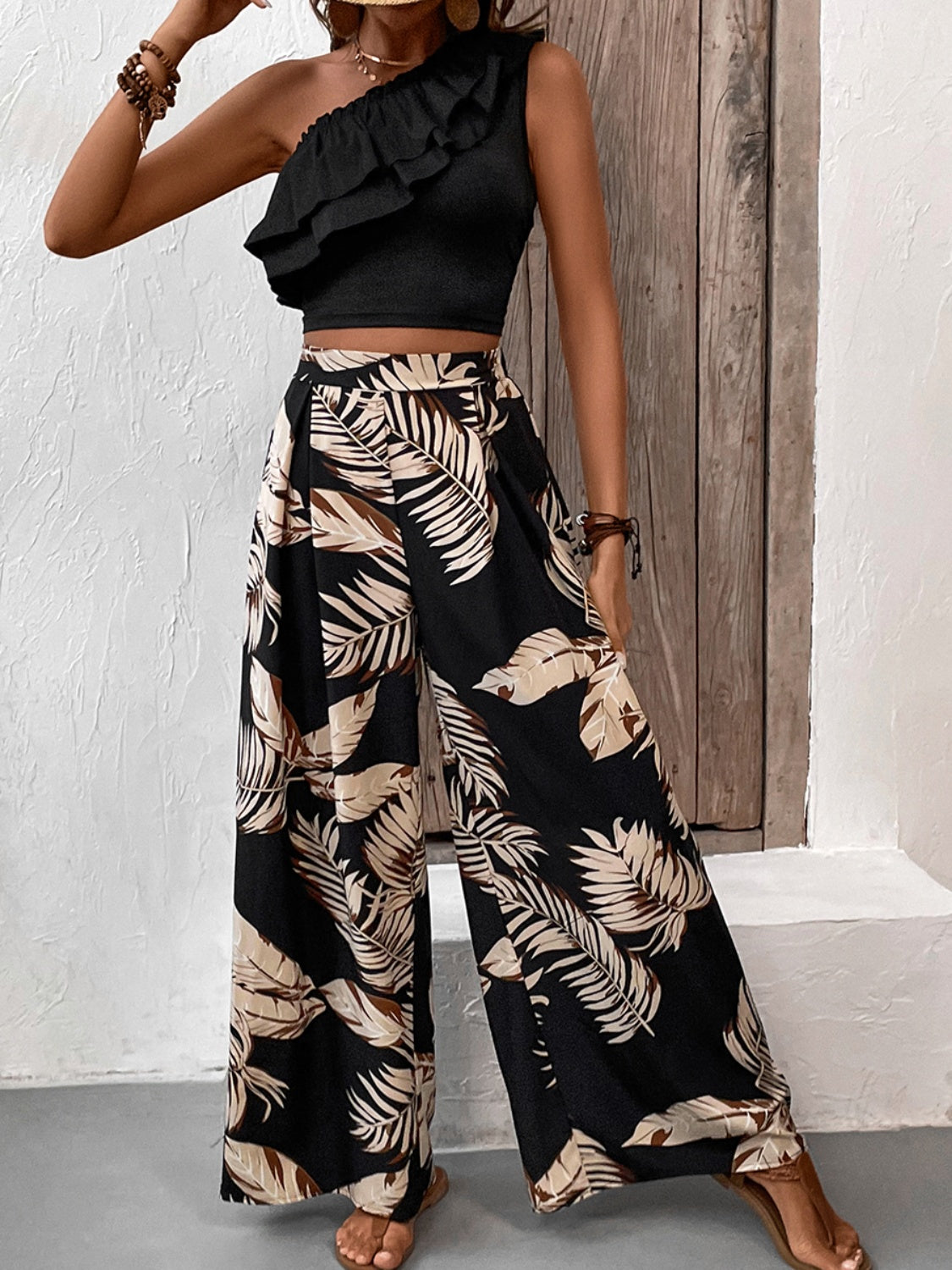 Honey Ruffled Sleeveless Top and Printed Pants Set - -