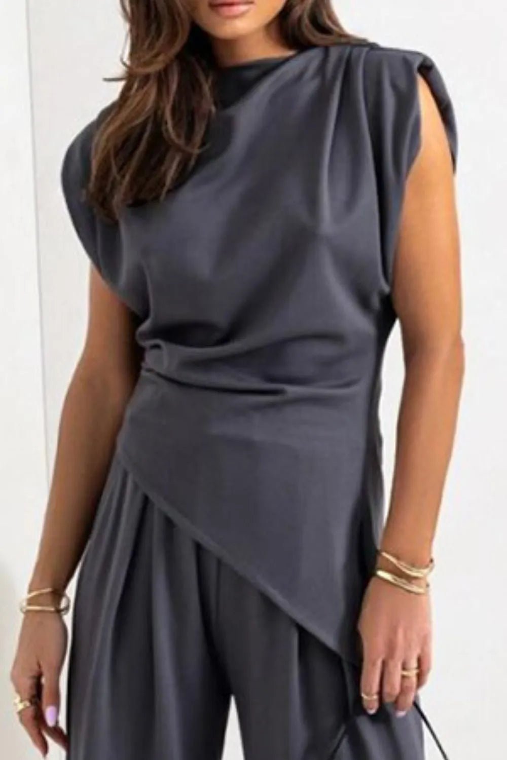 Luxe Asymmetrical Ruched Set - Elevated Wide-Leg Ensemble - -