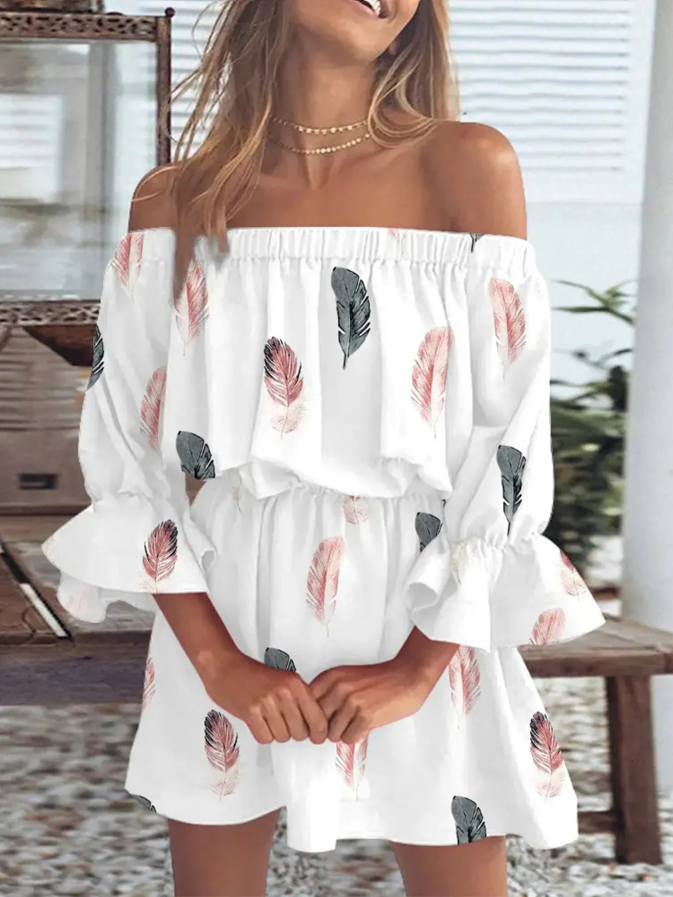 Full Size Floral Off-Shoulder Flounce Sleeve Mini Dress Plus Size - White -