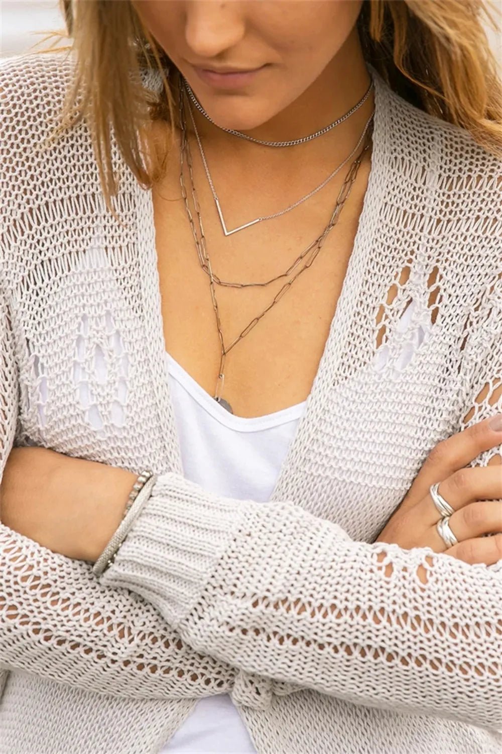 Openwork Side Slit Open Front Long Sleeve Cardigan - -