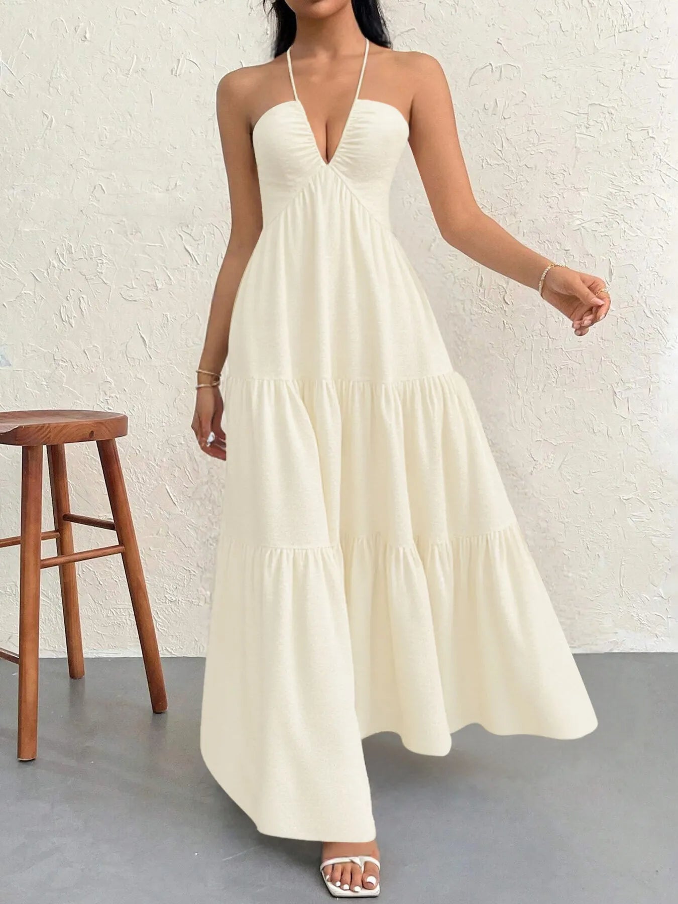 Luxe Halter Tiered Maxi Dress - Elevated Backless Statement - Apricot -