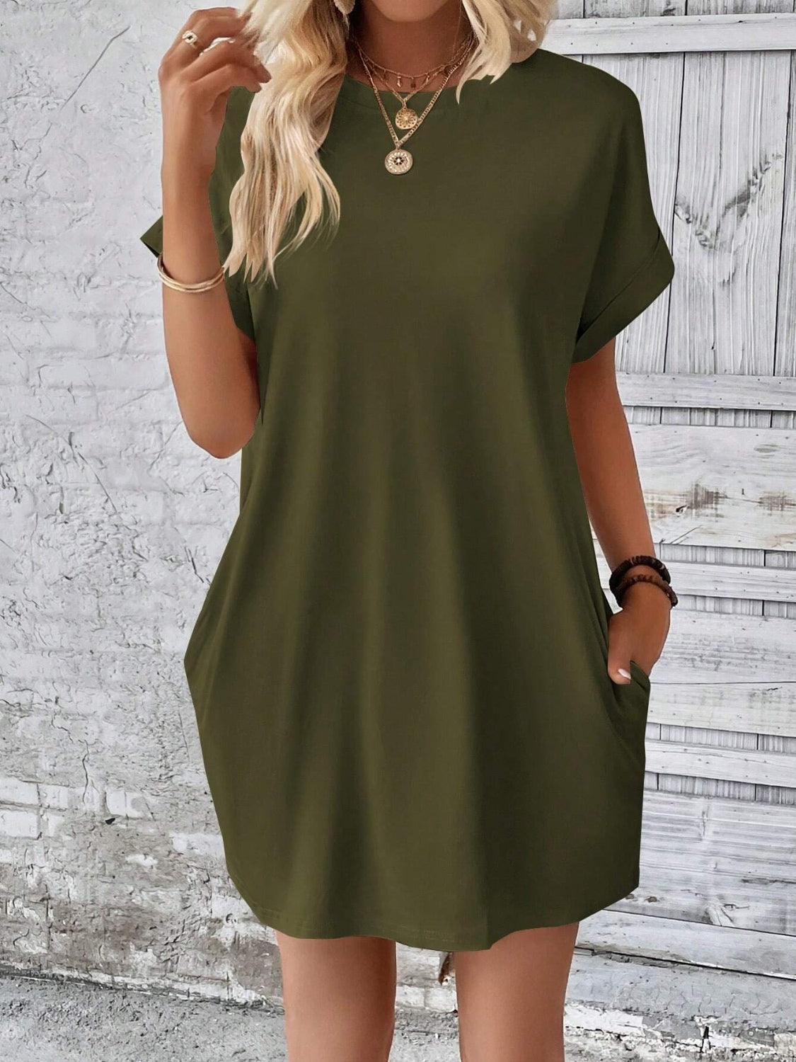 Round Neck Short Sleeve Mini Dress - -