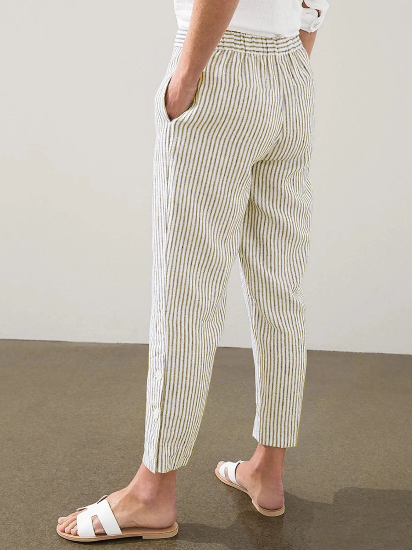 Full Size Striped Side Button Detail Pants Plus Size - -