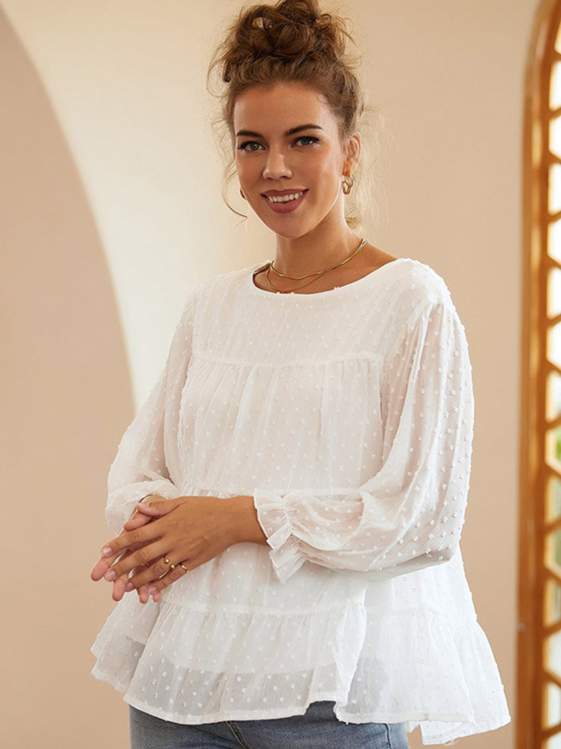 Full Size Swiss Dot Ruffled Round Neck Long Sleeve Blouse - -