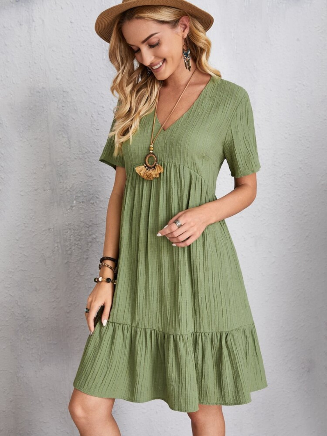 Full Size V-Neck Short Sleeve Dress - -