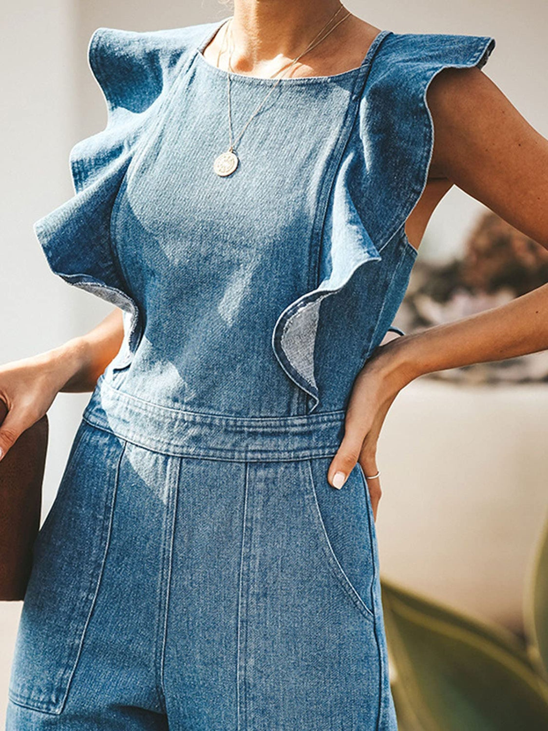 Ruffled Backless Sleeveless Denim Jumpsuit - -