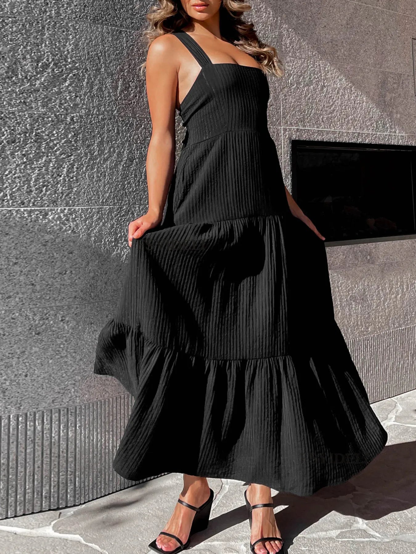 Square Neck Tiered Maxi Dress – Pretty Ruched Summer Dress | Luxe Vibes by SCB Boutique - Black -