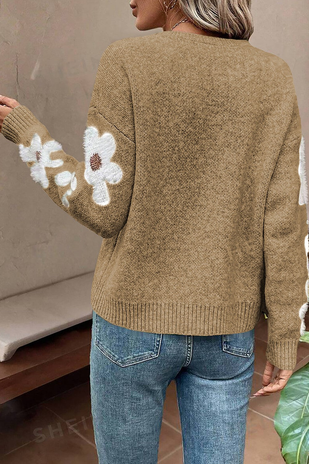 Flower Round Neck Long Sleeve Sweater - -