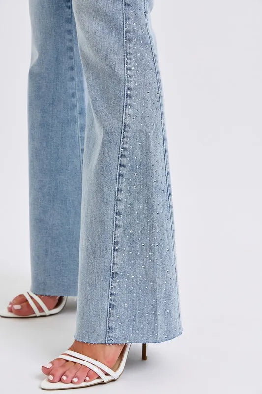 Judy Blue Full Size Mid Rise Rhinestone Side Panel Detail Flare Jeans Plus Size.