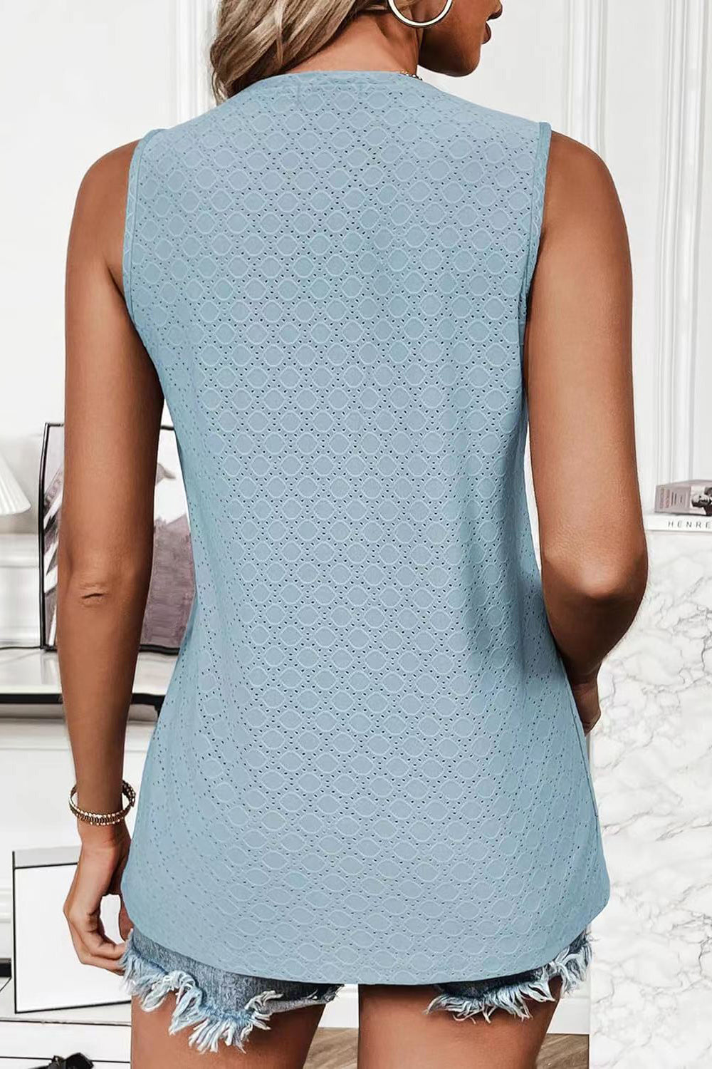Eyelet Round Neck Tank - -
