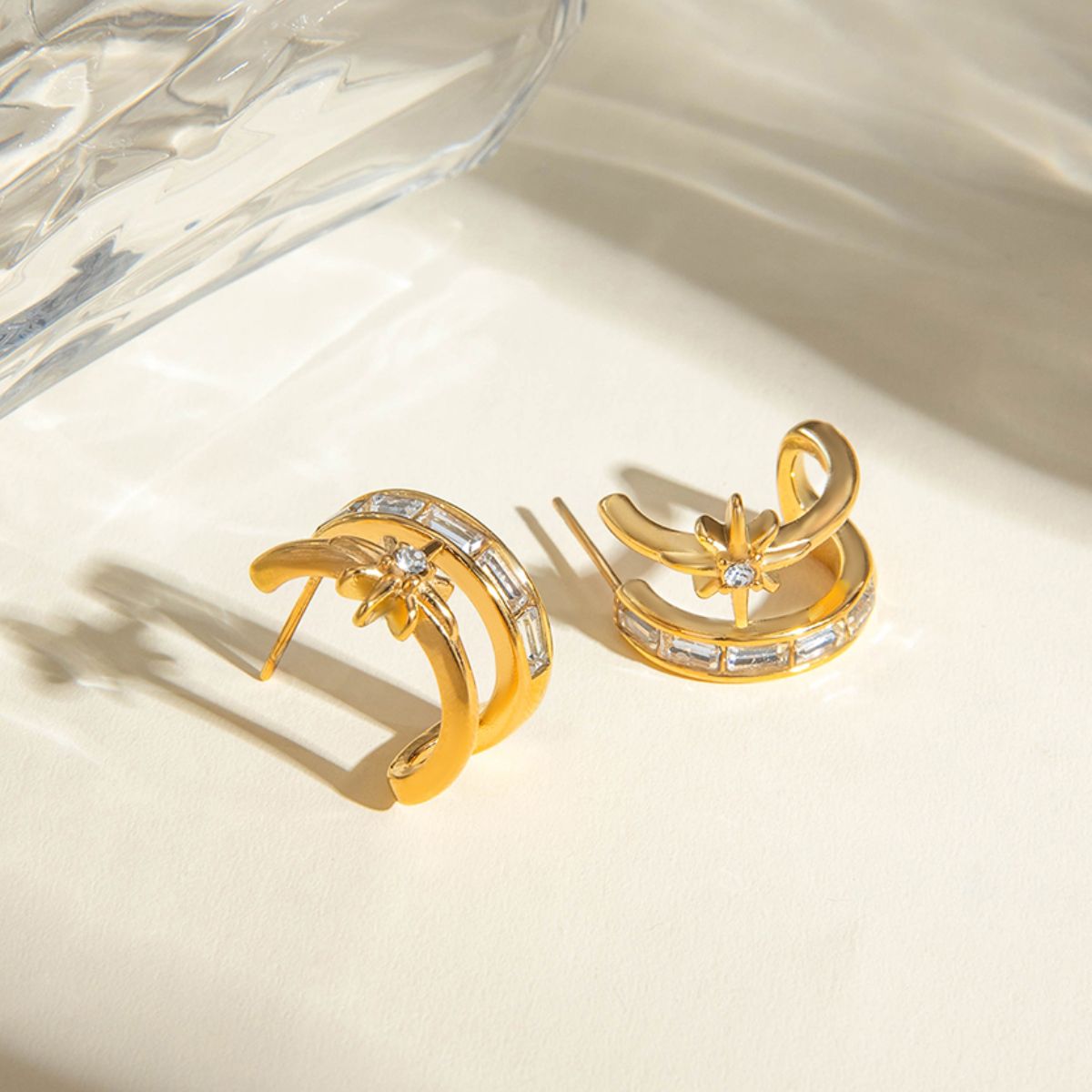 Stainless Steel Zircon Double-Layered Earrings - -